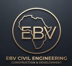 Logo officiel d'EBV Civil Engineering, design 3D doré et épuré sur fond noir, avec la carte de l'Afrique et les lettres EBV dans un cercle.